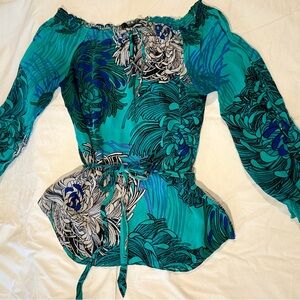 White House Black Market Teal and Black Floral Blouse